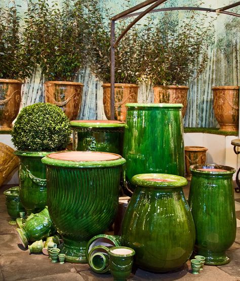 Green Pots Planters, Planter Inspiration, Anduze Pot, Green Pottery Vase, Green Ceramic Plant Pots, Green Flower Pots, Terra Cotta Pots Garden, Green Cottage, Talavera Pottery Pots & Planters