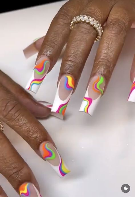 Abstract Nail Designs Coffin, Abstract Rainbow Nails, Summer Abstract Nails, Nail Art Bright, Pink Foil Nails, Coachella Nails, Carnival Nails, Swirl Nail, Rave Nails