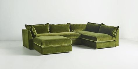 Denver Forest Green Velvet L Shaped Sectional Denim Scraps, Velvet Sectional, Hanging Furniture, Silhouette Frames, Green Couch, Grey Sectional, Linen Upholstery, Leather Ottoman, Belgian Linen