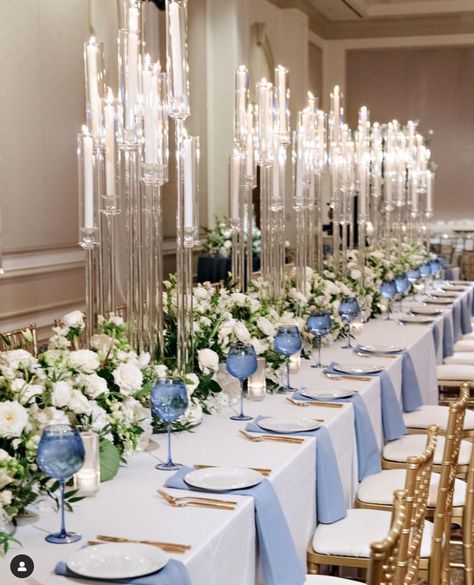 Sweetheart Table Blue, Blue Tablescape, Cinderella Quinceanera Themes, Winter Baby Shower Themes, Wedding Instagram, Dream Wedding Decorations, Elegant Baby Shower, Wedding Altars, Reception Room