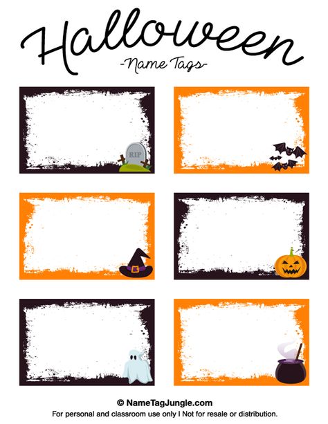 Free printable Halloween name tags with bats, a witch hat, tombstone, and other graphics.. The template can also be used for creating items like labels and place cards. Download the PDF at http://nametagjungle.com/name-tag/halloween/ Halloween Name Tags, Halloween Labels Printable, Printable Halloween Tags, Imprimibles Halloween, Name Tag Templates, Halloween Names, Halloween Crafts Preschool, Happy Halloween Signs, Halloween Printables Free