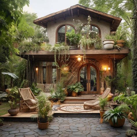 Bohemian Cottage Exterior, Planty House Exterior, Boho Blocksburg House, Earthy House Aesthetic Exterior, Boho Style House Exterior, Botanical House Exterior, Jungle Home Exterior, Cozy Cottage House Exterior, Bohemian Architecture Exterior