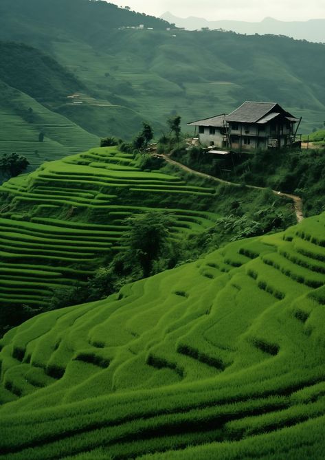 A secluded house overlooks the sweeping green rice terraces carved into the hillside, a testament to the harmonious balance between human cultivation and the beauty of nature. Green Terrace, Rice Paddies, Rice Paddy, Asian Architecture, Rice Terraces, Vibrant Green, Natural Wonders, Follow For More, Terrace