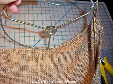 A Burlap Lampshade Makeover Burlap Lampshade Diy, Homemade Lamp Shades, Making Lampshades, Repurposed Lamps, Vintage Lamp Shades, Lampshade Redo, Shabby Chic Lamp, Lamp Shade Crafts, Luminaria Diy