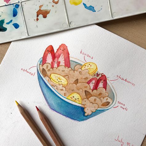 💫Lilya Konyukh💫 on Instagram: “Oatmeal with fruit and nuts is my favorite breakfast🍓🍌🌰 Swipe to see the process of painting this cutie!☺️✨ • #art #foodillustration…” Porridge Drawing, Oatmeal Drawing, Oat Bowls, Oatmeal With Fruit, Oatmeal Bowls, Banana Oatmeal, Breakfast Cereal, Cooking Art, Food Illustrations