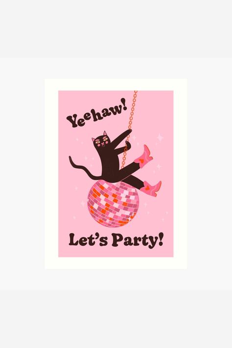 Art, illustration, art print, black cat art print, cat, cowboy boots art print, disco ball art print, party, fancy art print, slay, fabulous, bold art print, cute cat art, pink, funny, cat lover, cats, red pink, girly, cool, queen, cool cat, wild, feline, girl power, funky, rave, dope, groovy art print, stay groovy, star, 80s, 90s, y2k, kitty, dance, Pink cowboy boots, lets party, riding disco ball, festive, disco, sparkle, holiday, Celebration, fun, Glitter, Radiant, cute cat illustration Slay Illustration, Feline Girl, Disco Ball Illustration, Disco Ball Art, Cat Cowboy, Bold Art Print, Boots Art, Lover Cats, Ball Illustration