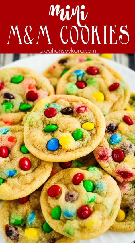 These tiny MINI M&M COOKIES are buttery, chewy, and so fun to serve! No one can resist a mini cookie loaded with colorful candies. #miniM&Mcookies #minicookies @Creations by Kara Chewy M M Cookies Recipe, Mini Sandwich Cookies, Mini Mm Cookies, Mini M And M Cookie Recipe, Cookies With Mini M&ms, Mini M&m Recipes, Mini M&m Cookies, M&m Cookies, Cookies For Babies