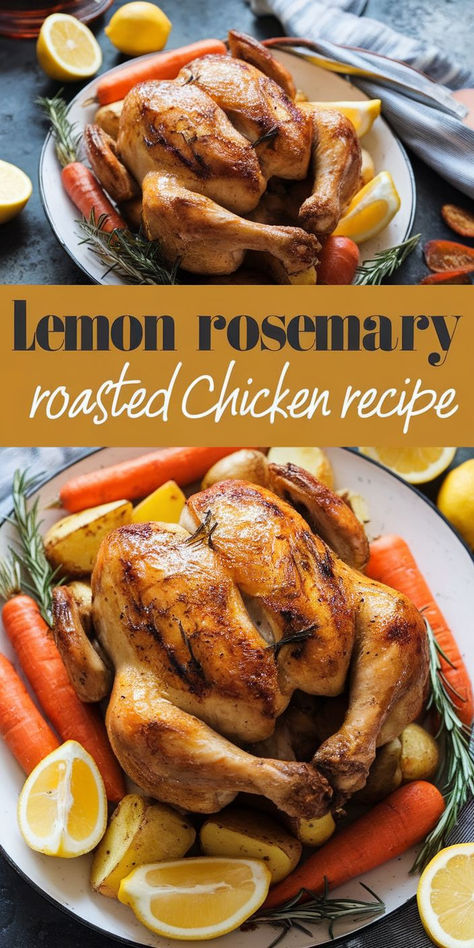 Elevate your dinner with this Lemon Rosemary Roasted Chicken. Aromatic rosemary and fresh lemon create a savory, flavorful roast that’s perfect for family meals or entertaining. Lemon Garlic Rosemary Chicken, Rosemary Lemon Chicken, Garlic Rosemary Chicken, Rosemary Roasted Chicken, Roasted Chicken Recipe, Lemon Rosemary Chicken, Oven Chicken Recipes, Whole Chicken Recipes, Lemon Rosemary