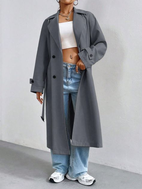 Dark Grey Casual Collar Long Sleeve Woven Fabric Plain Regular Embellished Non-Stretch  Women Clothing Dark Grey Trench Coat Outfit, Grey Trench Coat Outfit, Trenchcoat Outfit, Outfit Otoño, Long Grey Coat, Trench Coat Outfit, Grey Trench Coat, Grey Outfit, Belted Trench Coat