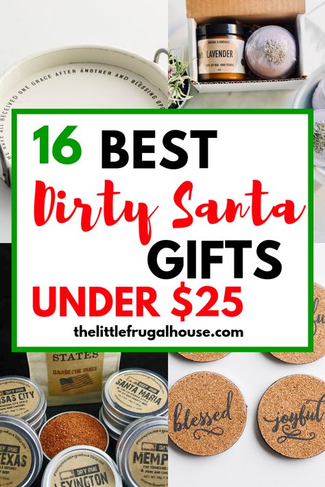 Are you looking for the best Dirty Santa gifts under $25 for an upcoming party? These are my favorite ideas - some funny gifts, gag gifts, thoughtful gifts, and plenty to keep you laughing! Dirty White Elephant Gifts, Dirty Santa Theme Ideas, Yankee Swap Gift Ideas $25, Best Dirty Santa Gifts, Dirty Santa Gift Ideas Funny, Dirty Santa Gift Ideas, Christmas Budget Ideas, Bunco Christmas, Santa Party