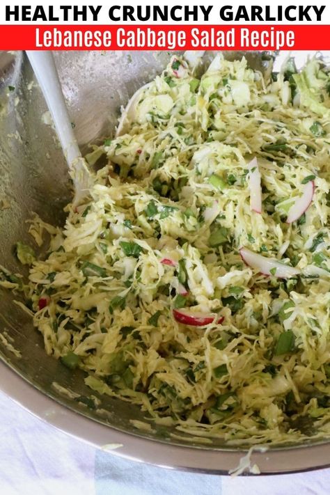 Learn how to make the best homemade Malfouf Salad. Our quick & easy Lebanese Cabbage Salad recipe is a popular side dish at Middle Eastern restaurants. Enjoy a taste of Beirut by preparing this healthy salad at home, which is vegetarian, vegan, gluten free and dairy free. The Lebanese coleslaw features thinly sliced cabbage, scallions, radish, fresh herbs and a garlic lemon dressing. Serve with falafel, kibbeh, dips and spiced grilled meats. Cabbage Salad Lebanese, Lebanese Coleslaw Recipe, Russian Cabbage Salad, Middle Eastern Cabbage Salad, Middle Eastern Salads Lebanese Recipes, Lebanese Slaw Recipe, Texas Salad Recipes, Creamy Cabbage Salad, Lebanese Cabbage Salad