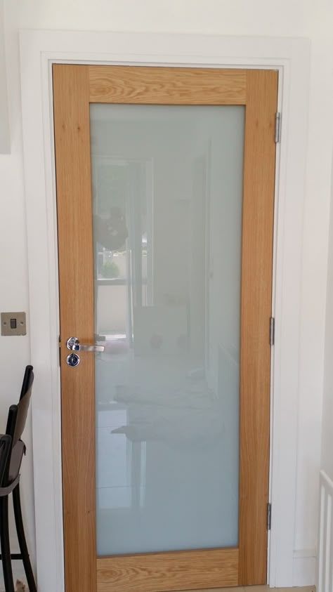 Oak and frosted glass doors by Murphy Larkin Frosted Glass Door Laundry Room, Bathroom Door Glass Frosted, Glass Door Washroom, Full Glass Entry Door, Frosted Glass Front Door, Door With Frosted Glass Panel, Aluminum Bathroom Door, Frosted Glass Interior Doors, Second Bathroom