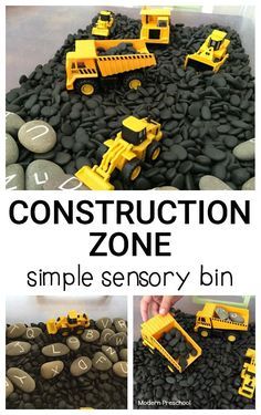 Construction zone simple sensory bin - perfect for toddlers and preschoolers who love construction trucks and playing in rocks! Great for a transportation or construction theme. Grandchildren Activities, Preschool Construction, Sensory Tubs, Sensory Tub, Diy Montessori, Transportation Preschool, Construction Trucks, Toddler Sensory, Transportation Theme