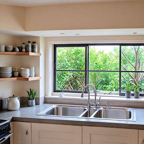 20 Kitchen Window Ideas Over Sink in 2024 Cabinets Above Kitchen Window, Window Shelf Kitchen Sinks, Kitchen Sink At End Of Counter, Tiling Around Kitchen Window, Shelf Across Kitchen Window, Black Kitchen Window Over Sink, Windows Kitchen Ideas, Kitchen Window Bump Out, Sink Under Window Kitchen