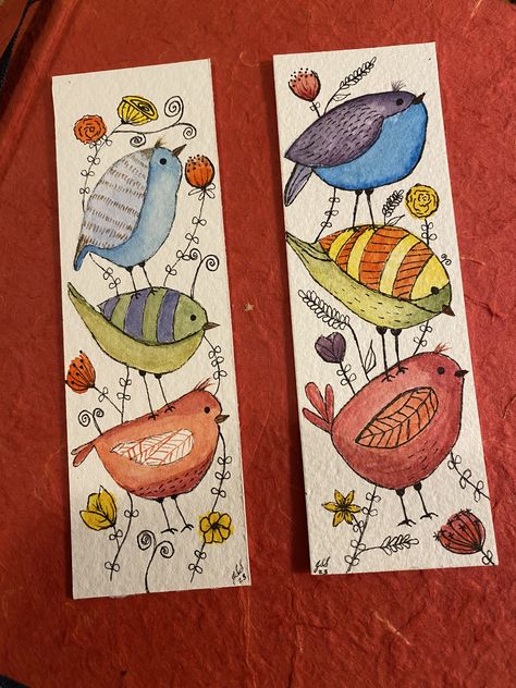 Bookmark Paintings Ideas, Simple Painted Bookmarks, Book Marks Watercolor Bookmarks, Cute Watercolour Bookmark, Bird Bookmark Watercolor, Love Birds Painting, Doodle Paint, Learn Watercolor Painting, Creative Bookmarks