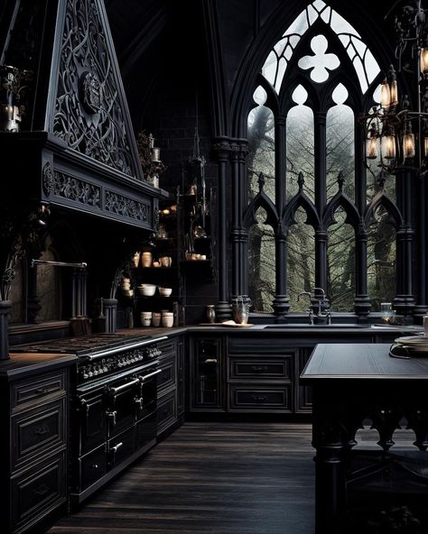 Dark Aesthetic Kitchen, Kitchen Gothic, Old Gothic House, Gothic House Interior, Modern Gothic Interior Design, Cottage Core House, Goth Kitchen, Gothic Homes, Gothic Kitchen