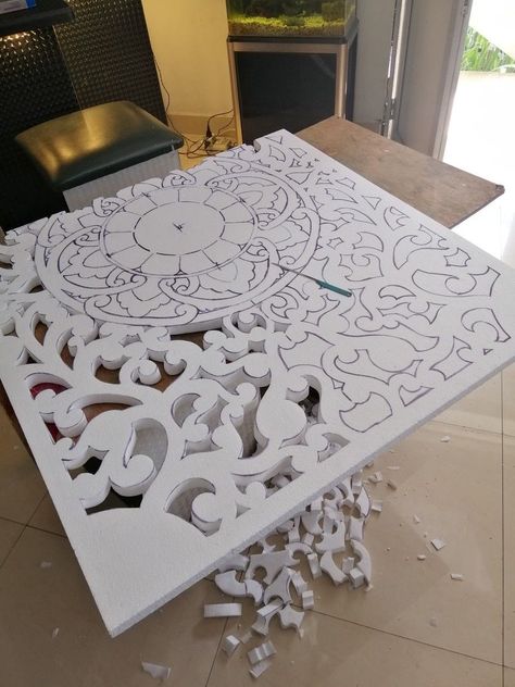 Thermacol Art And Craft, Thermocol Craft, Diy Headboard Ideas, Styrofoam Art, Styrofoam Crafts, Headboard Ideas, Ganpati Decoration Design, Plaster Crafts, Diy Headboard