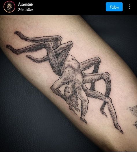 Emo Skull Tattoo, Scary Knee Tattoo, Disturbing Tattoo Ideas, Necromorph Tattoo, Small Gargoyle Tattoo, Gory Tattoo Designs, Creepy Knee Tattoos, Lockness Monster Tattoo, Horror Knee Tattoo