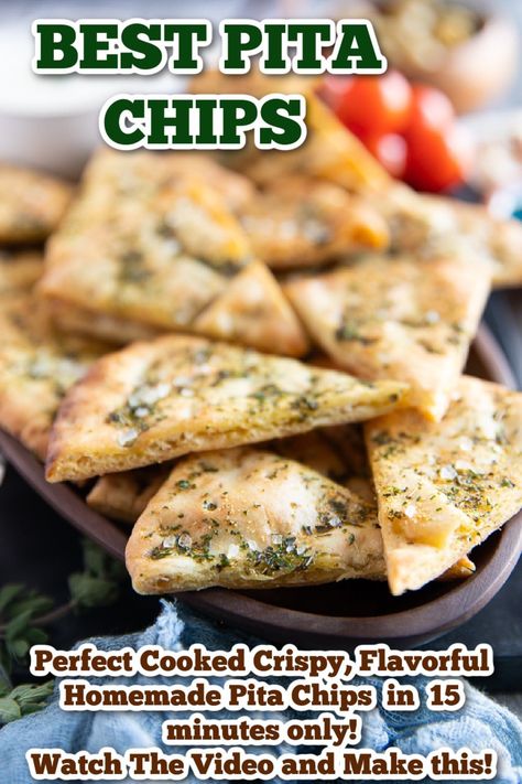 Pita Chips are so crunchy, delicious, versatile, and easy! This homemade pita chips recipe & video will be your favorite! ready in 15mins. Bread Appetizers Easy, Pita Chips Recipe, Baked Pita Chips, Homemade Pita Chips, Greek Pita, Homemade Pita, Homemade Pita Bread, Bread Toppings, Easy Mediterranean Diet Recipes