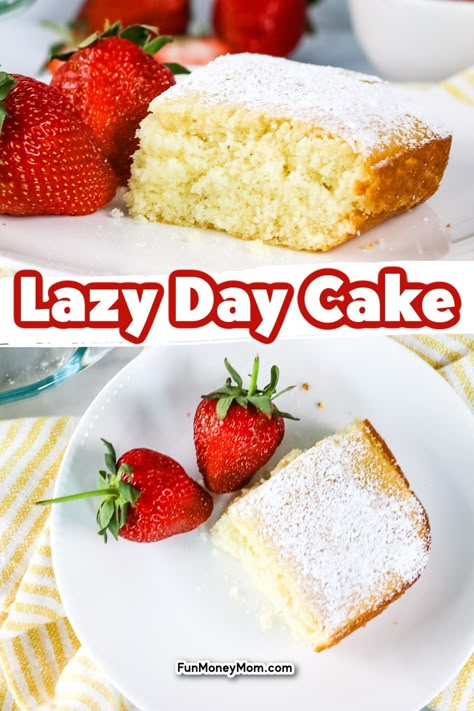 This Lazy Day Cake recipe is an easy dessert that's always a crowd pleaser! This simple, foolproof recipe gives you a fluffy, super moist moist cake that turns out perfect every time. Perfect for a birthday party or just an every day snack too! Simple Cake Recipes 4 Ingredients, Desserts With Cake Flour, Best Simple Cake Recipe, Few Ingredient Cake Recipes, What To Make With Cake Flour, Small Easy Cake Recipe, Easy Soft Desserts, Lazy Day Cake, Cakes For One