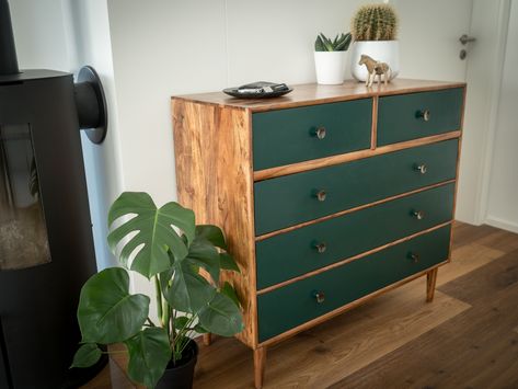 Green Dresser With Wood Drawers, Wood And Green Furniture, Dark Green And Wood Dresser, Wood And Green Dresser, Green And Natural Wood Dresser, Green Wood Dresser, Drawer Painting Ideas Aesthetic, Retro Drawers, Floating Nightstand Ideas