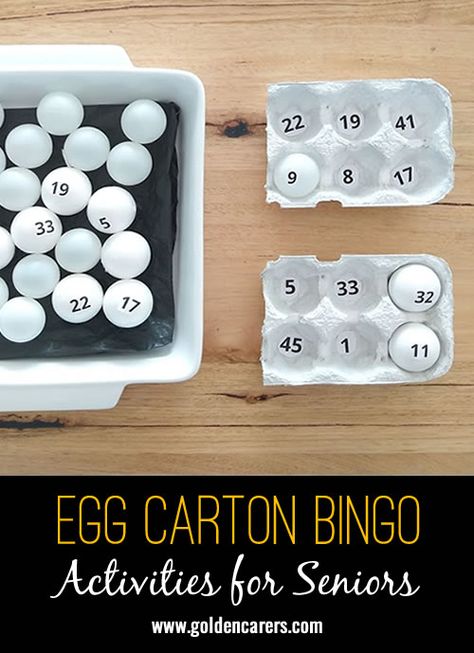 Egg Carton Bingo: Egg Bingo is made with egg cartons and table tennis balls. I borrowed the idea from a kids website and modified it. It worked so well that our clients commented how clever the idea was! Memory Care Activities, April Activities, Nursing Home Activities, Senior Games, Elderly Activities, Activity Director, Egg Cartons, Egg Carton Crafts, Senior Activities