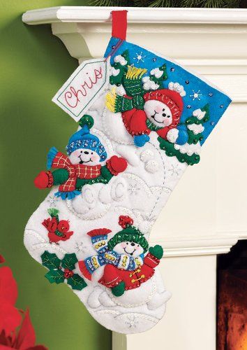 Bucilla Felt Applique Christmas Stocking Kit: Fun in the Snow Embroidery Christmas Patterns, Xmas Crafts To Make, Applique Christmas Stocking, Felt Applique Christmas, Hand Embroidery Christmas, Santa Coasters, Sewn Gifts, Felt Stocking Kit, Felt Advent Calendar