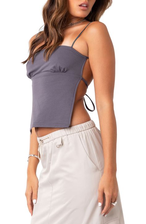 Bask in the sunshine with this soft and stretchy cotton-blend tank that lets you show off your back and adjust the fit with ease thanks to the tie closure. Square neck Adjustable straps 50% cotton, 50% spandex Machine wash, dry flat Imported Crop Top Styles, Geometric Clothing, Streetwear Girl, Backless Crop Top, Open Back Top, Womens Camisoles, Legging Sport, Streetwear Tops, Mode Casual