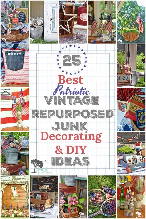 Patriotic decor & DIY ideas using vintage repurposed junk. Diy Memorial Day Decorations, Memorial Day Decor Diy, Americana Crafts Diy, Patriotic Diy Decor, Diy Americana Decor, Vintage Patriotic Decorations, America Crafts, Vintage Americana Decor, Diy Patriotic Decor