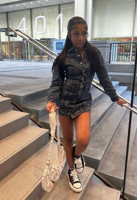 da don. Denim Birthday Outfit Black Women, Navy Blue Outfit Ideas Black Women, Birthday Outfit With Sneakers, Denim Dress Outfit Black Women, Designer Outfits Black Woman, Denim Romper Outfit, Romper Outfit Black, Denim Dress Outfit, Baby Lyrics