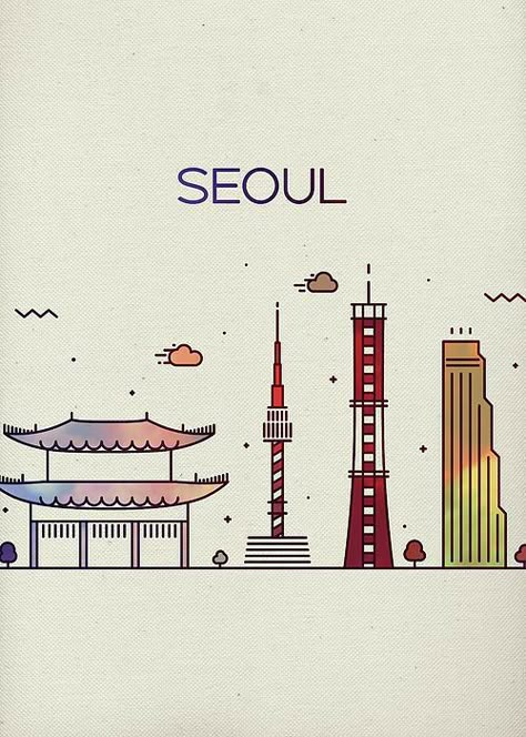 Seoul Drawing City, South Korea Drawing, Seoul Drawing, Korea Drawing, Art Of Korea, Seoul Map, Travel Doodles, Korean Illustration, Seoul Korea Travel