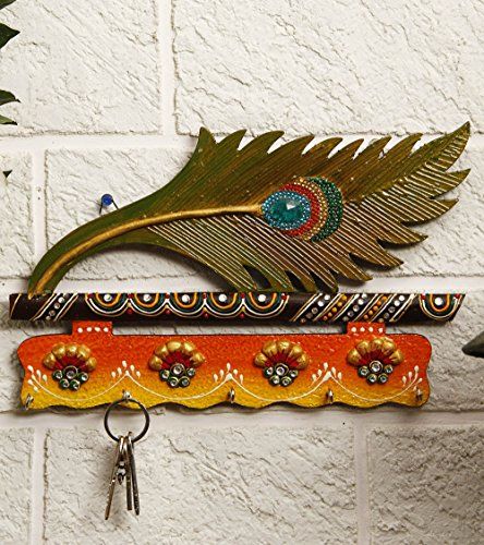 JaipurCrafts Beutiful Mor Pankhi Wooden Key Holder (9 x 6 IN)( Multi) * Read more at the image link. (This is an affiliate link) #keyhooks Name Plate Design, Wooden Key Holder, Clay Wall Art, Wall Key Holder, Key Hanger, Crafts Beautiful, Stone Studs, Stone Design, Arts And Crafts Supplies