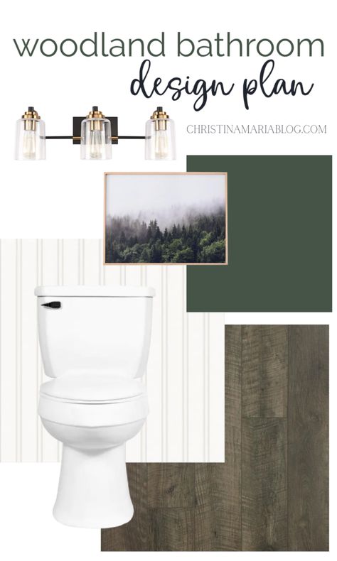 Budget friendly bathroom makeover design plan Outdoorsy Bathroom Decor, Outdoor Theme Bathroom, Bathroom Mood Board Green, Forest Theme Bathroom Ideas, Bathroom Forest Theme, Green Bathroom Design Ideas, Mountain Theme Bathroom, Woodsy Bathroom Ideas, Woodland Bathroom Ideas