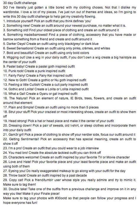 30-Day Outfit Challenge from http://heckyeahtumblrchallenges.tumblr.com/post/82169708205/30-day-outfit-challenge 30 Day Style Challenge, 30 Day Fashion Challenge, 30 Day Pride Month Challenge, 30 Days Outfits Challenge, 30 Day Outfit Challenge, Body Human, Cat Heart, Outfit Challenge, Style Challenge