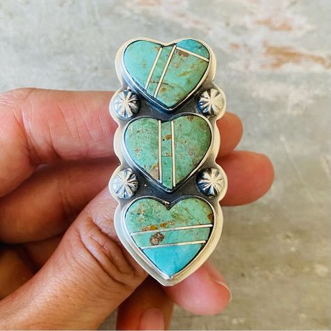 Navajo Signed Sterling Silver & Turquoise Hearts Ring! Condition: Brand New, Handmade! Stamped Sterling And Signed An! Incredible! See Photos! Retail $360! Size: 8 2” H X 7/8” W! This Is Only For One Ring, The Other Items Are Up Separately! I Have Multiple Native American, Navajo, Zuni, Taxco, Antique, Vintage, And Other Designer Items If You Want To Check Out My Other Listings! Sorry, No Trades! Same Day Shipping When Possible! New Items Posted Every Week! Any Questions, Let Me Know! Cowgirl Turquoise, Antique Turquoise Jewelry, Turquoise Heart Ring, Vintage Turquoise Jewelry, Handmade Turquoise Jewelry, Bezel Jewelry, Native American Jewelry Navajo, Antique Turquoise, Turquoise Heart