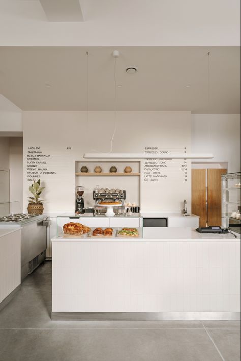 @creminobakery @zimonstudio @migdalstudio Coffee Bar Ideas White, Tiny Cafe Interior, White Coffee Shop, All White Coffee Shop, White Cafe Interior, Counter Cafe, Cute Cafe Aesthetic Interior, Cafe White Design, White Bakery Interior