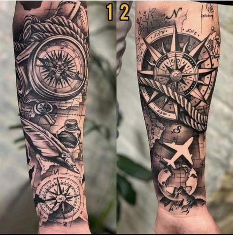 Tato Back, Simple Tato, Nautical Tattoo Sleeve, Wolf Tattoo Sleeve, Forearm Band Tattoos, Map Tattoos, Cool Arm Tattoos, Cool Forearm Tattoos, Nautical Tattoo