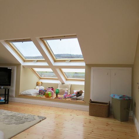 Attic Conversion reading nook Attic Conversions, Loft Conversion Bedroom, Loft Windows, Eaves Storage, Attic Bedroom Designs, Roof Windows, Loft Conversions, Attic Loft, Attic House