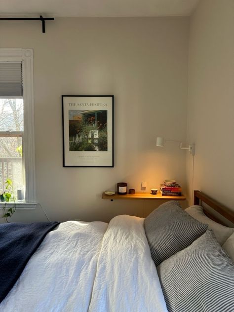 Bookshelf As Nightstand, Shelf Next To Bed, Shelf Behind Bed, Simplistic Bedroom, Bed Against Wall, Nightstand Aesthetic, Bookshelf Nightstand, Bedroom Corner, Apartment Inspiration