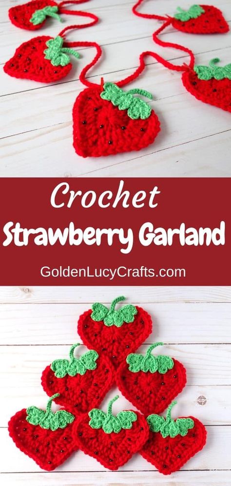 This crochet Strawberry garland or bunting will make a beautiful handmade summer decoration for your home. Free pattern, birthdays, DIY garden party kid’s room, kitchen decor Crochet Strawberry Pattern Free, Crocheted Strawberries, Strawberry Garland, Crochet Bunting Pattern, Diy Garden Party, Bunting Pattern, Crochet Holiday, Crochet Bunting, Crochet Garland