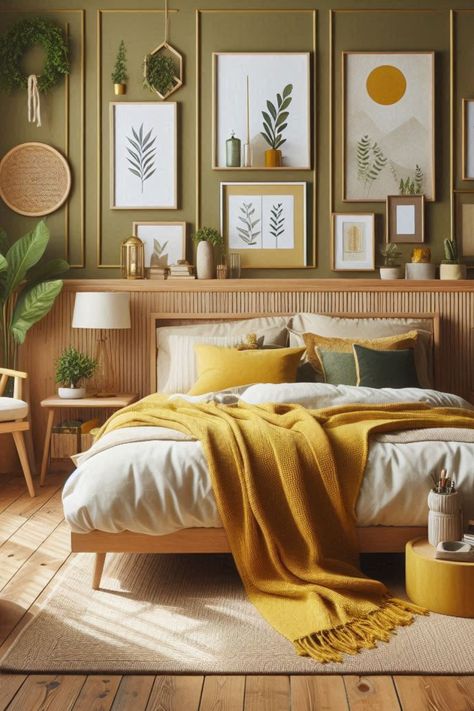 Sage Green Yellow Bedroom, Olive And Gold Bedroom, Sage And Mustard Bedroom, Bedroom Ideas Mustard, Green And Mustard Bedroom, Mustard Bedroom Ideas, Yellow And Green Bedroom, Mustard Yellow Bedding, Ideas For Small Rooms Bedroom