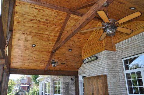 Open Gable Porch, Gable Front Porch, Cozy Sunroom Decorating Ideas, Porch Ceiling Ideas, Bbq Shack, Patterned Concrete, Cedar Tongue And Groove, Concrete Pavement, Groove Ceiling