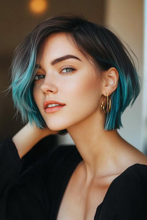 Green Bob Hairstyles, Short Hair With Streaks, Fun Bob Haircut, Teal Short Hair, Teal Hair Streaks, Short Teal Hair, Fun Hairstyles For Short Hair, Layered Bob With Curtain Bangs, Blue Tips Hair