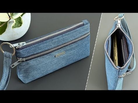 DIY Casual Denim Wristlet Clutch Wallet With 6 Card Slots Out of Old Jeans | Upcycled Craft - YouTube Denim Clutch Diy, Denim Purse Diy, Diy Purse Tutorial, Diy Denim Bag, Diy Pouch Bag, Sewing Wallet, Old Jeans Diy, Wristlet Patterns, Denim Clutch Bags