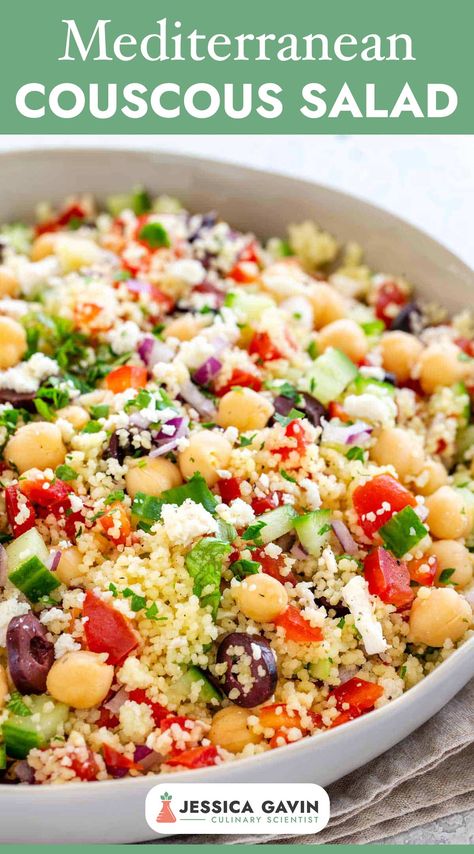 Delicious couscous salad recipe that's bursting with flavors! Packed with fresh veggies, juicy tomatoes, and tangy feta cheese, this salad is the perfect dish for a light and refreshing meal. #couscous #mediterranean #salad #semolina via @foodiegavin Cuss Cuss Salad, Coucous Salad Recipes Feta, Couscous Recipes Salad, Cuscus Recipes, Cuscus Salad, Couscous Mediterranean, Lemon Herb Dressing, Apartment Recipes, Mediterranean Couscous Salad