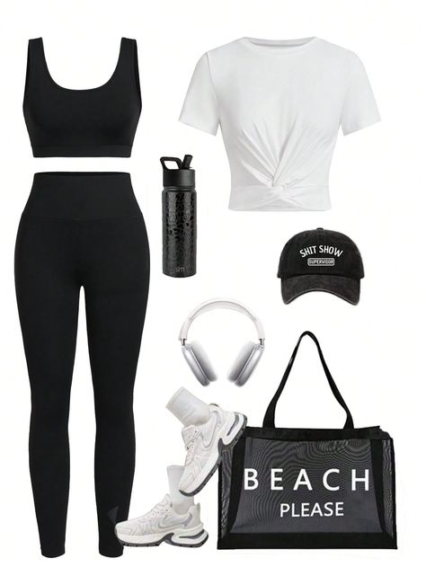 White Short Sleeve T-Shirt + Black Sleeveless Tank Top + Leggings Sports 3-Piece Set Black and White     Plain Leggings Slight Stretch  Women Activewear, size features are:Bust: ,Length: ,Sleeve Length: Exercises Outfits, Exercise Outfits For Women, Cheer Bag, Plain Leggings, Outfit Polyvore, Stylish Activewear, Supportive Sports Bras, Gym Clothes Women, Black And White Shorts