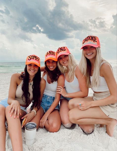 Trucker hats with friends for our beach trip to FL! Matching Hats Friends, Best Friend Hats, Spring Beach Trucker Hat, Upf 50+ Trucker Hat For The Beach, Customizable Summer Trucker Hat For Beach, Painted Trucker Hats, Beach Season Vacation Trucker Hat, Spring Beach Trucker Hat, 5-panel, Beach Bachelorette