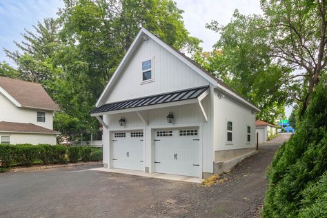 24x20 Attic Workshop 2-Car Garage in Greenwich, CT | Sheds Unlimited Attic Workshop, T111 Siding, Engineered Wood Siding, White Shutters, Building A Garage, Shed Dormer, Shed Base, Garage Dimensions, Construction Contractors