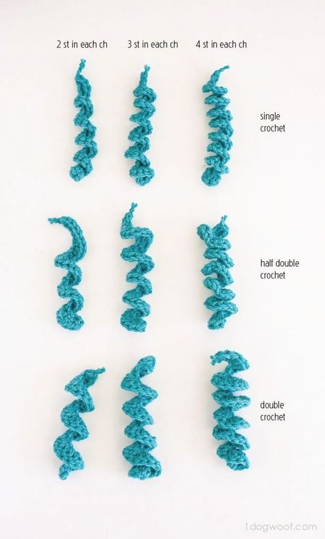 If you are making a crochet curly cue, you HAVE to check out this free tutorial! This free crochet curly cue pattern sampler is perfect for figuring out how to make the perfect crochet curl for your project. See how a single stitch can make a big difference, and decide which spiral is best for your project!- crochet stitch Mini Amigurumi Free Pattern Keychain, Tiny Yarn Crochet Projects, Crochet Functional Items, Blue Crochet Pattern, Crochet Slime, Alt Crochet Projects, Mystery Crochet Pattern, Crochet Curls, Simpul Makrame