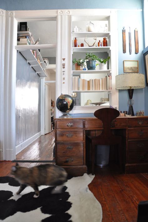 Railroad Apartment, Edward Sharpe, Cow Rug, Hallway Door, Apartment Vibes, Trendy Apartment, Williamsburg Brooklyn, Desk Ideas, Book Shelves